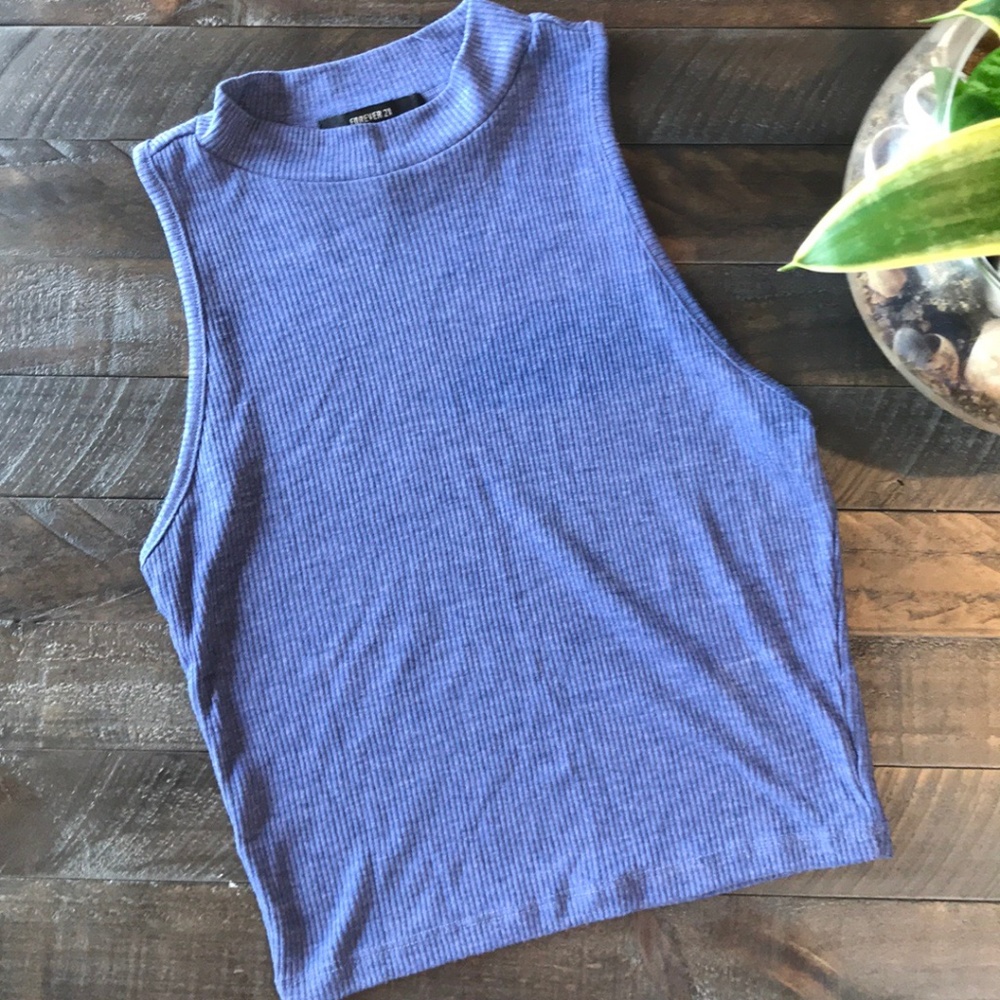 HIGH NECKLINE RIBBED BLUE TANK TOP / F21